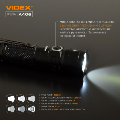 Портативный светодиодный фонарик VIDEX 4000Lm 6500K в Украине